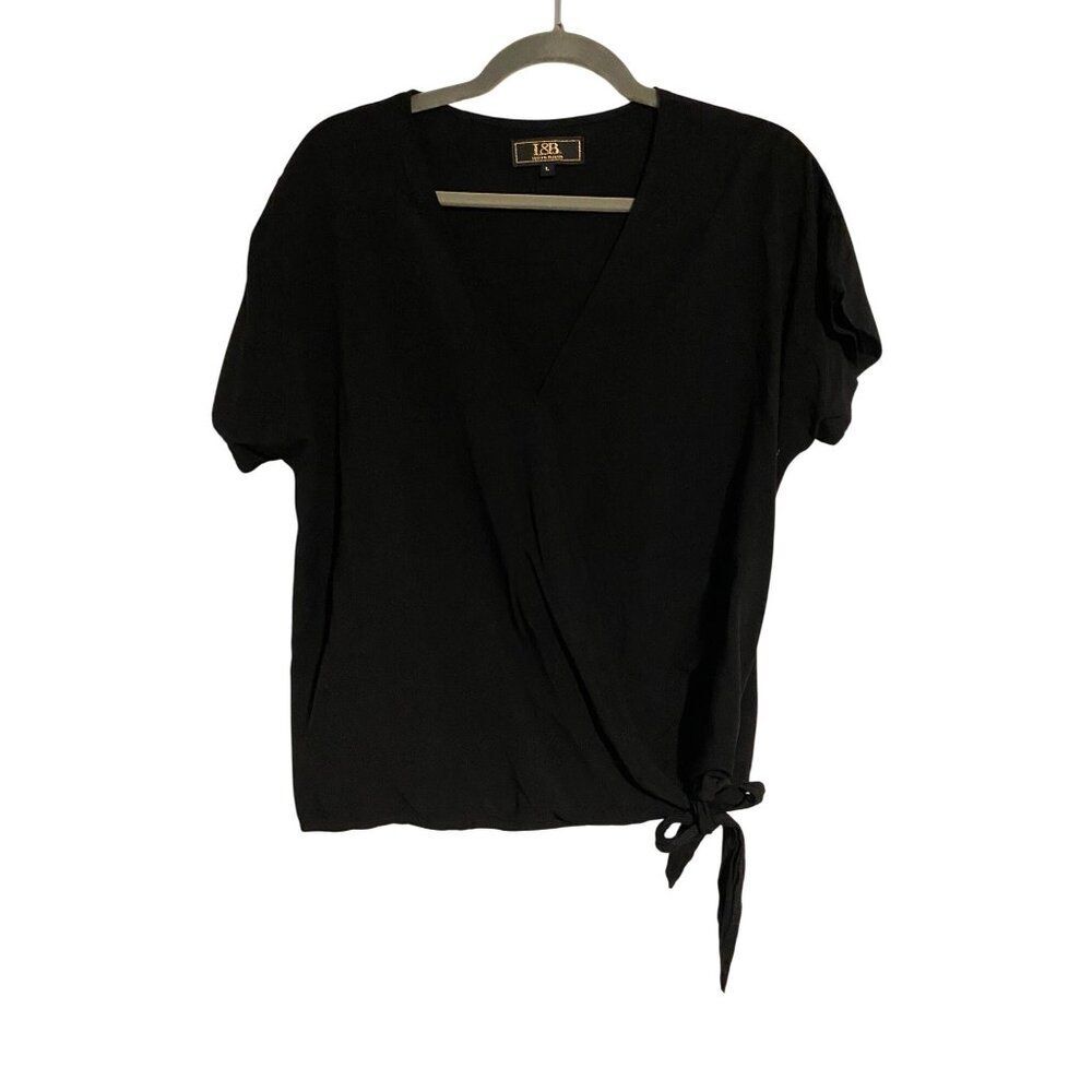 L&B Lucky & Blessed Womens L Black Wrap Blouse With Tie Detail Short Sleeves